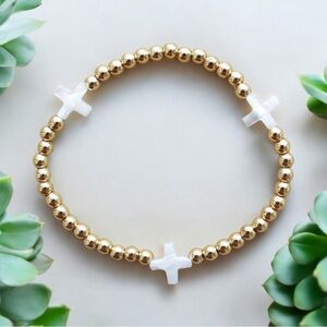 Bracelet gold beads stretch with cross, stackable bead stretchy, no tarnish